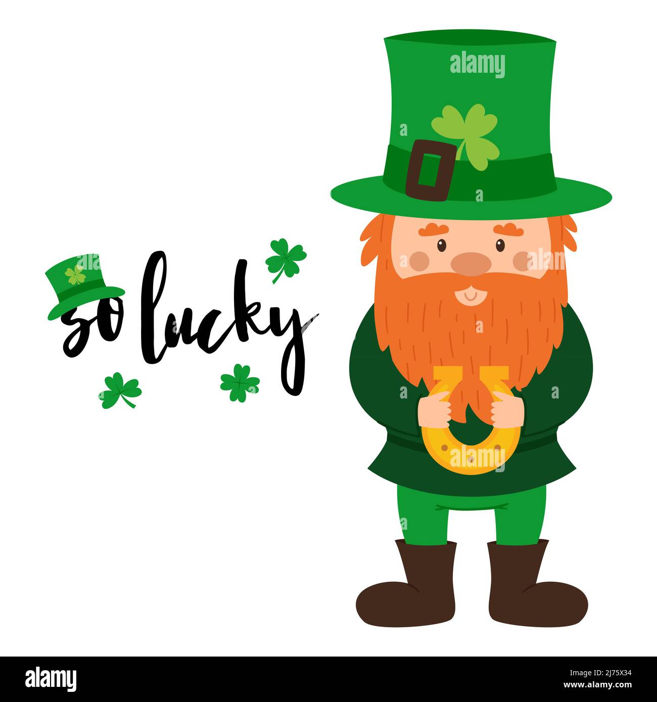 A little dwarf with red beard and green hat with a clover is holding a horseshoe in his hands. A postcard with small dwarf and the words So lucky. Car Stock Vector
