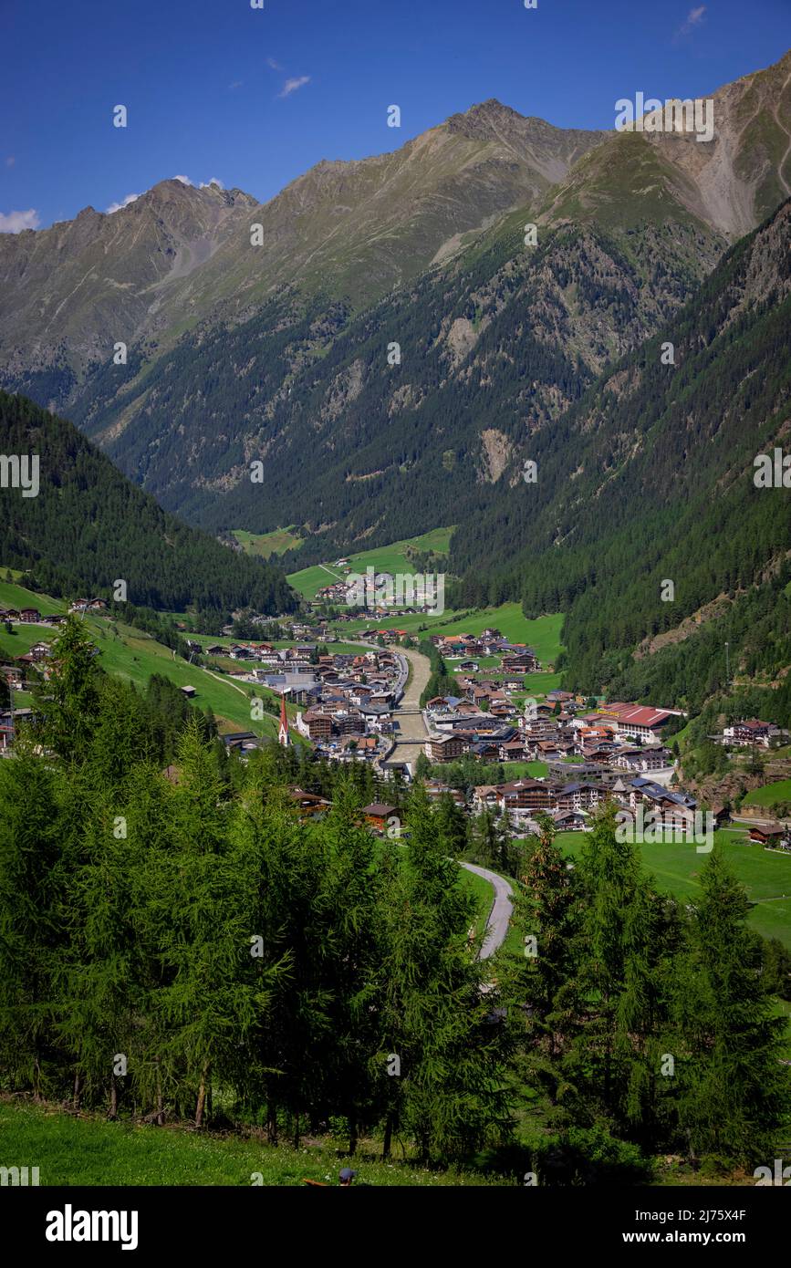 Aerial view over the village of Soelden in Austria, Stock Photo