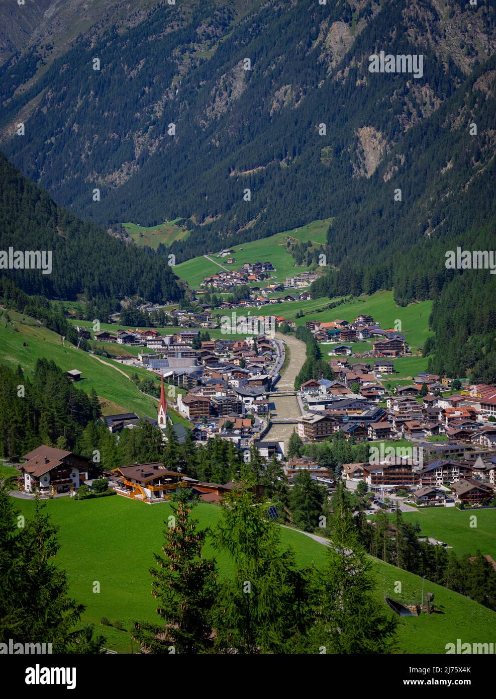 Aerial view over the village of Soelden in Austria, Stock Photo
