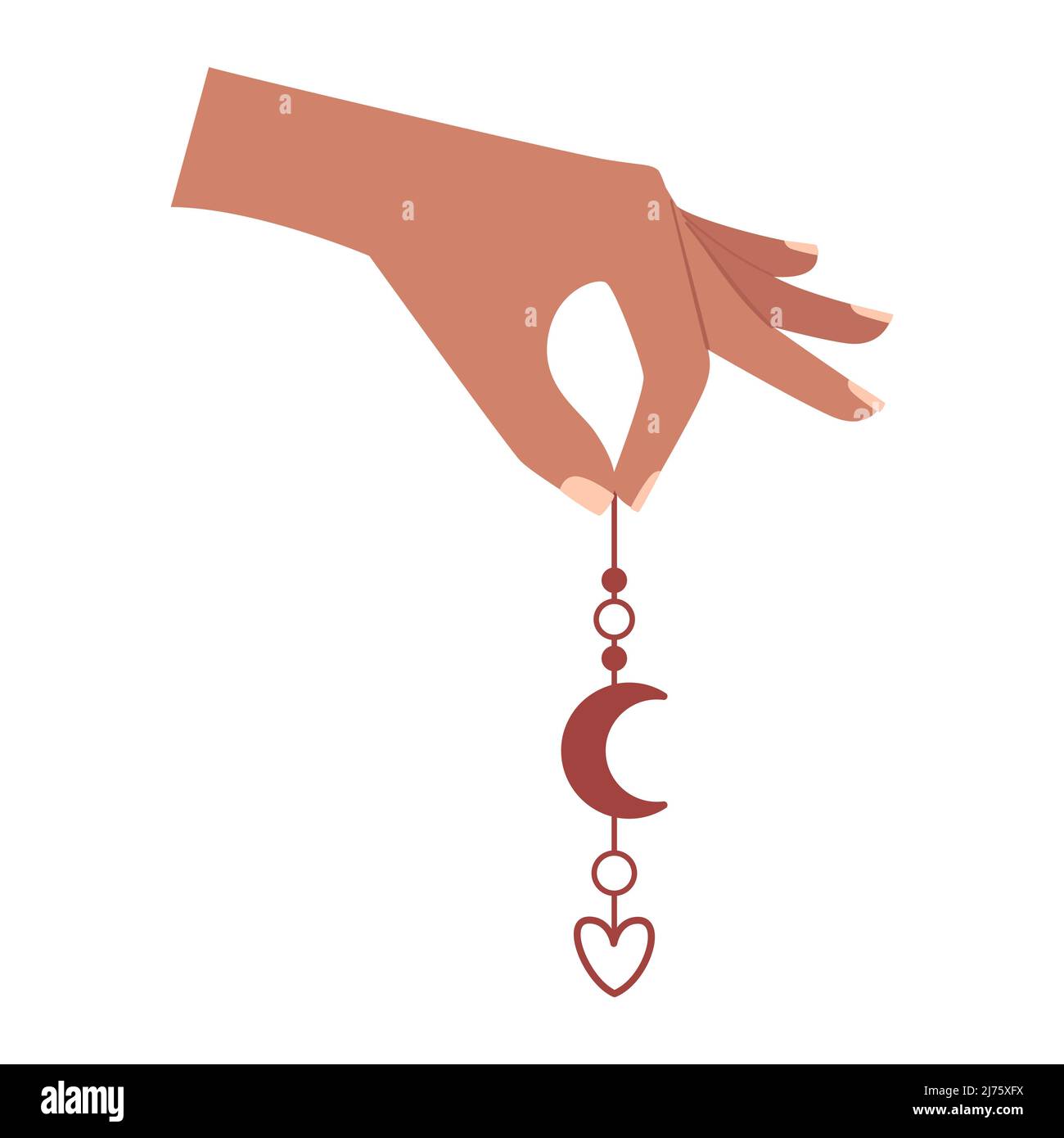A human hand with two fingers holds an earring with a crescent moon and a heart, a boho element. A symbol of love, romance, gratitude. Boho Valentine' Stock Vector