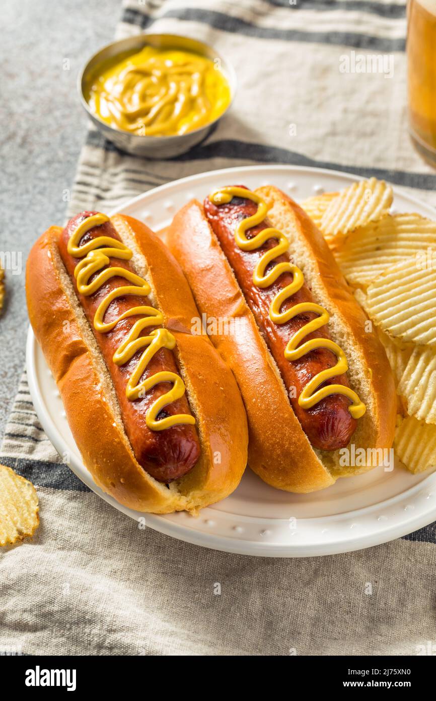 Homemade American Hot Dog with Mustard and Potato Chips Stock Photo Alamy