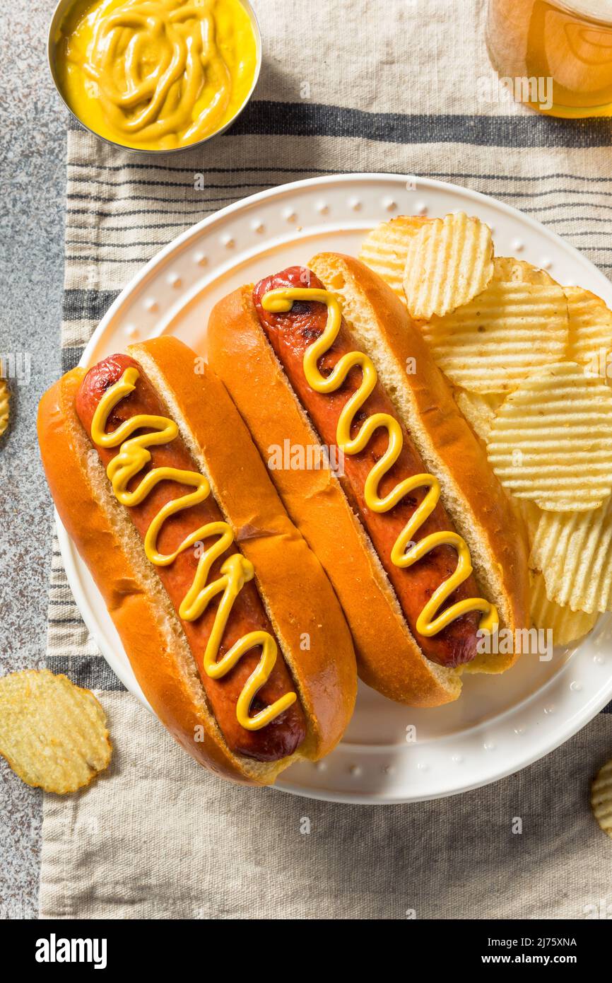 Homemade American Hot Dog with Mustard and Potato Chips Stock Photo Alamy