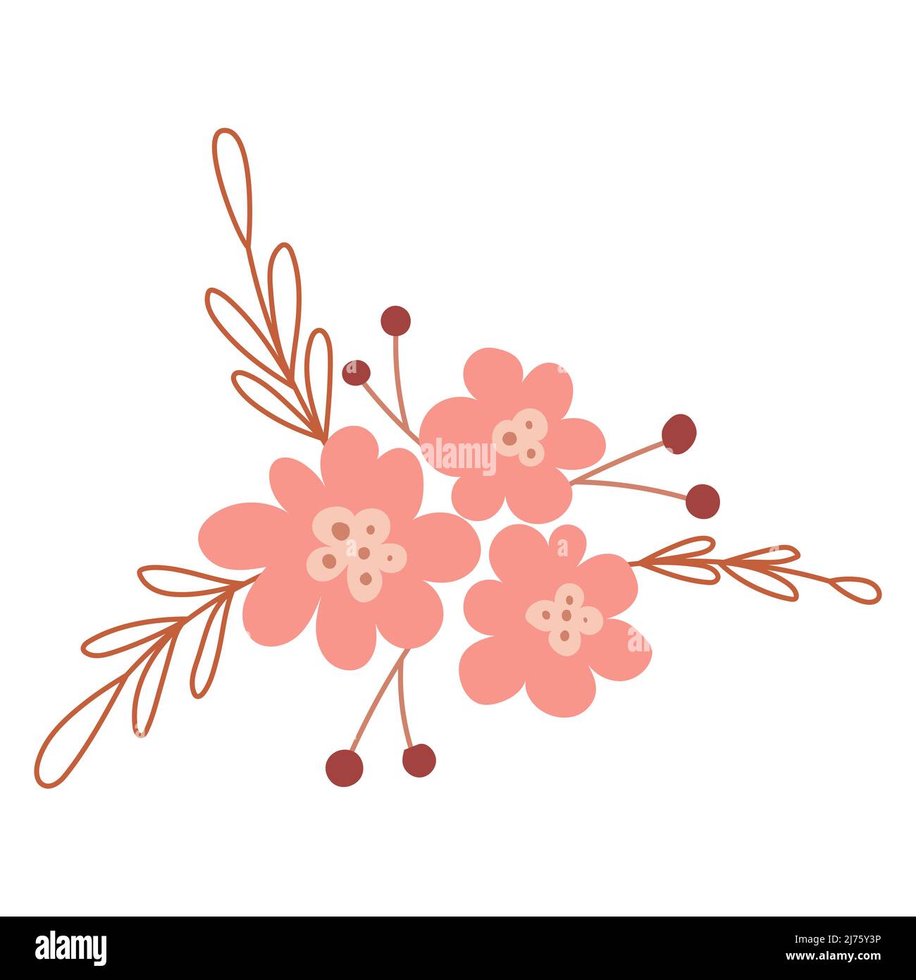 A simple floral arrangement with abstract pink flower buds, leaves, twigs and berries. Vector botanical illustration isolated on a white background Stock Vector