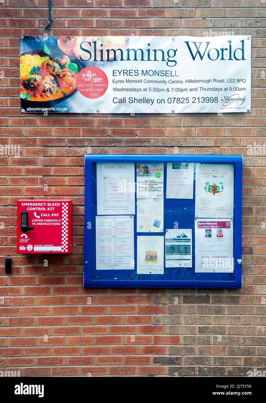 Emergency bleed control kits installed at eight city locations. Eyres Monsell Community Centre. The emergency boxes contain protective gloves, gauze and dressings to stop bleeding and put pressure on wounds. Stock Photo