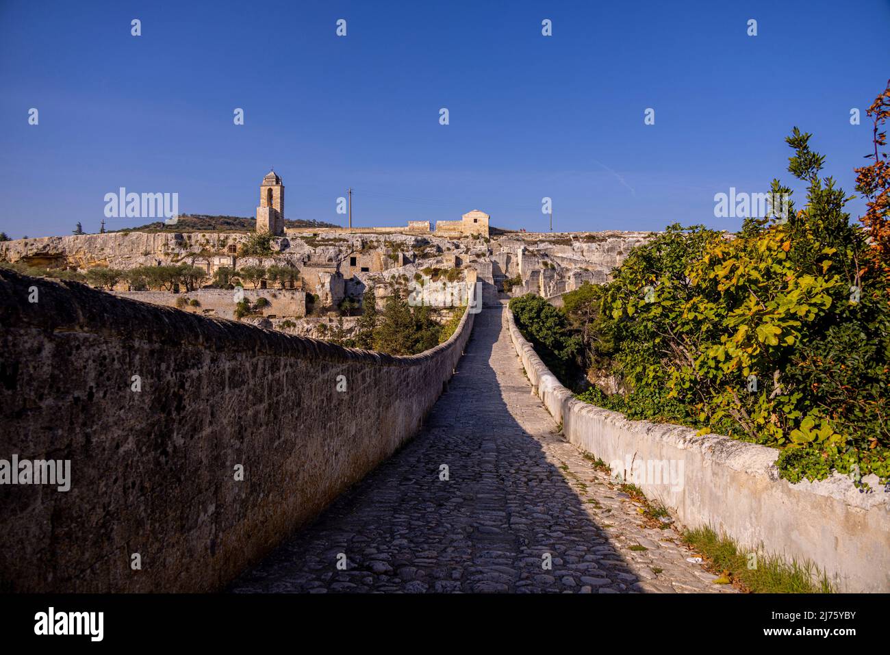 The historic village of Gravina in Puglia with its famous aqueduct bridge, Stock Photo