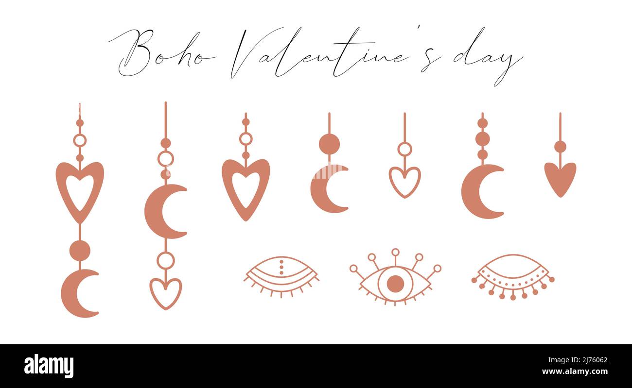 A set of boho elements with hearts, a crescent moon, open and closed eyes. Boho symbols, pendants with a heart. Decorative elements for Valentine's Da Stock Vector