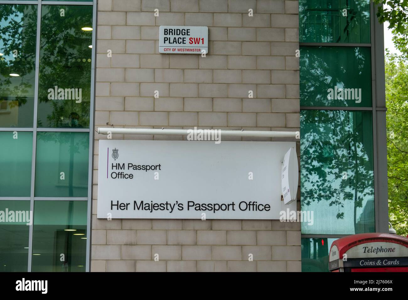 London, Victoria May 2022 Her Majesty's Passport Office signage. Government Office next to
