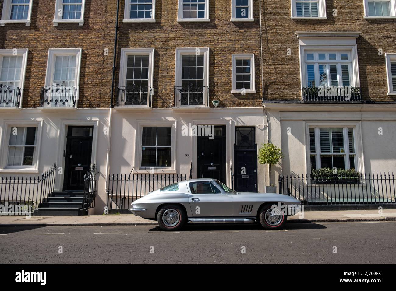 London- May 2022: Chevrolet Corvette Stingray car parked on upmarket Belgravia street in SW1 Stock Photo