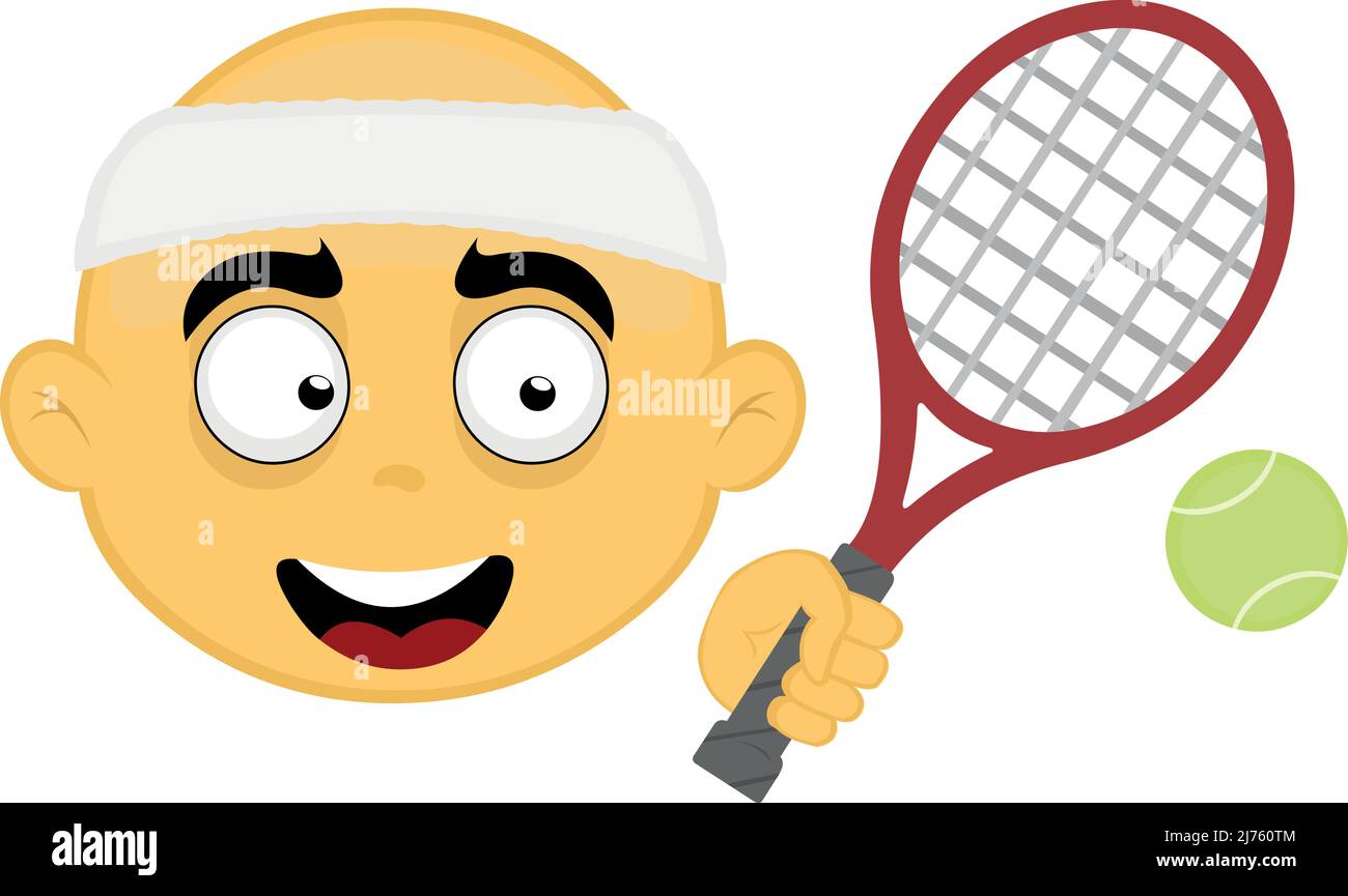 Vector illustration of the face of a yellow, bald cartoon character with a headband, a racket and a tennis ball Stock Vector