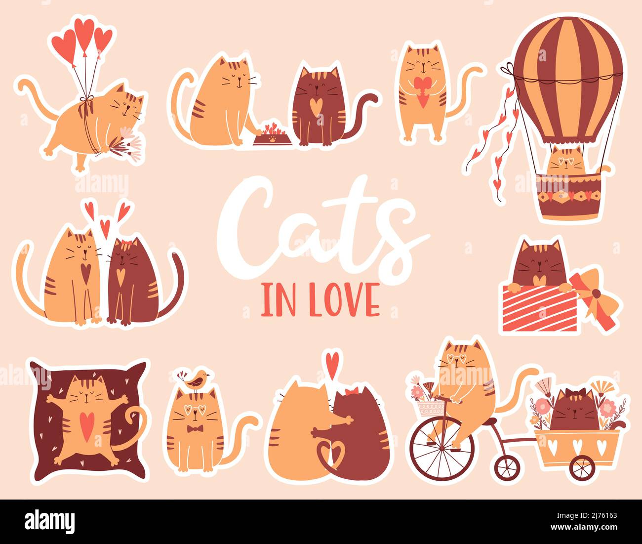 A set of stickers with cute cartoon cats. Cats in love. Riding a bicycle, flying in a balloon, holding a heart, hugging. Sticker pack with a white out Stock Vector