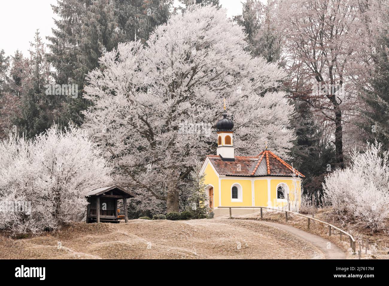 The small chapel near Krün in the Werdenfelser Land in hoarfrost in winter. Stock Photo