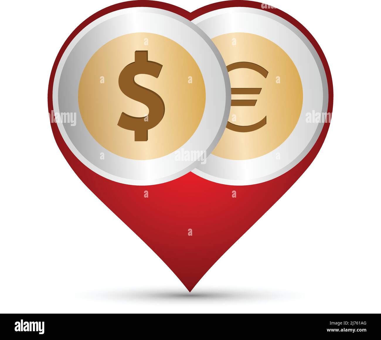 The American dollar coin and euro coin symbols on red heart shape Stock Vector