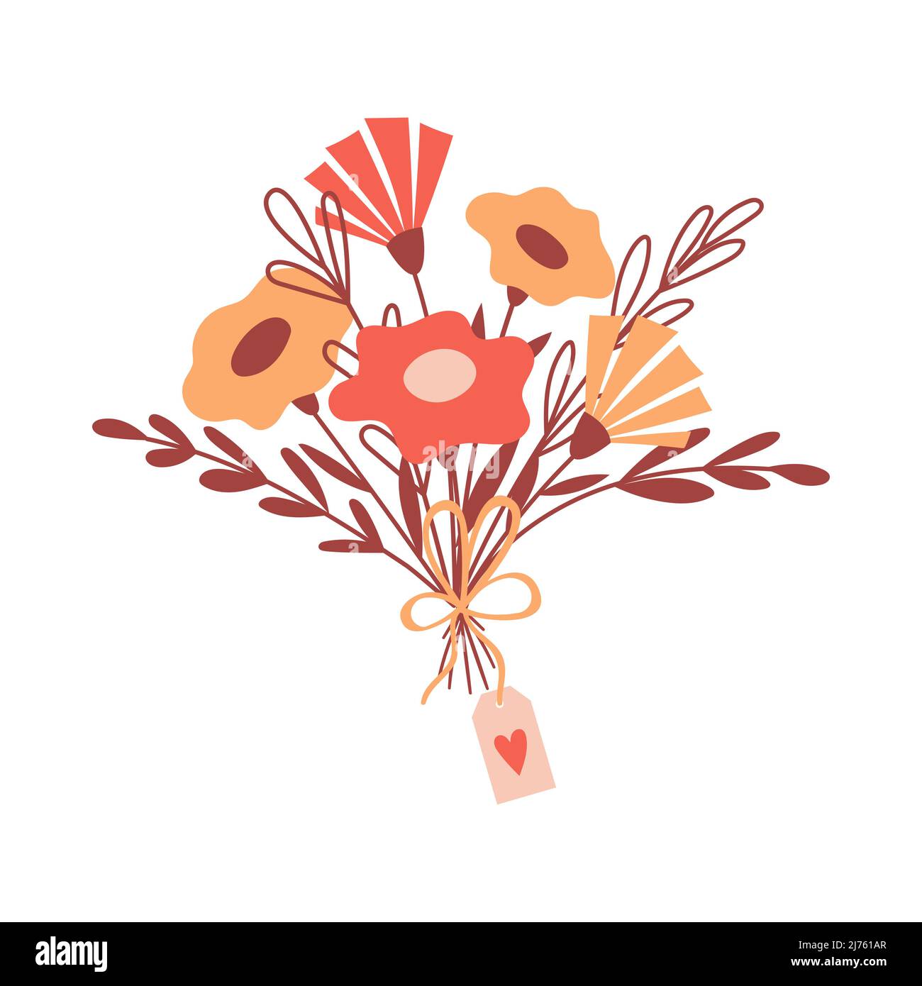 A simple floral arrangement with flowers, a bow and a valentine. Bouquet with abstract childish yellow and red flowers and twigs. Vector botanical ill Stock Vector