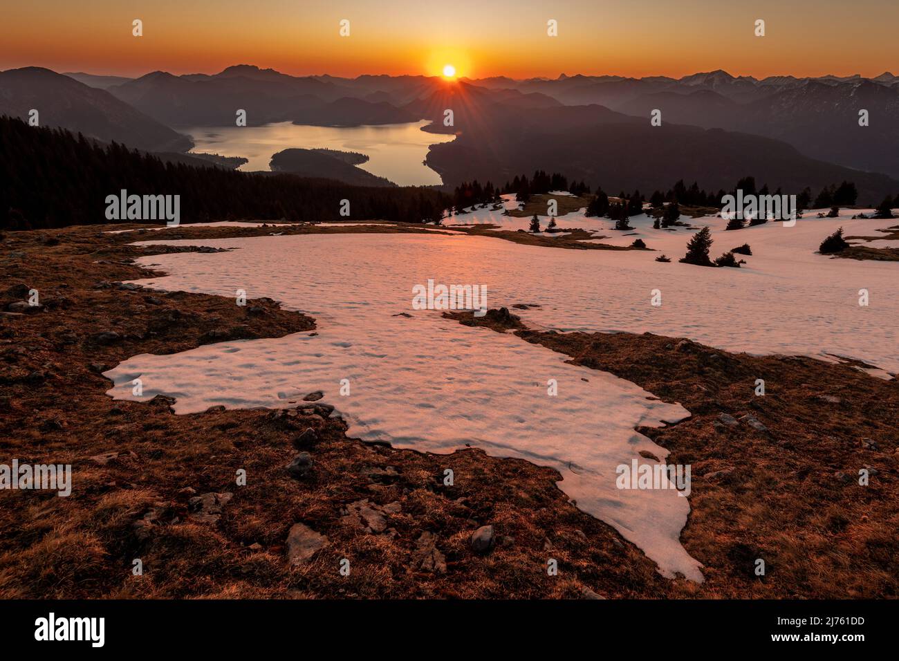 Sunrise in spring at Simetsberg in Estergebirge, in the background Walchensee and Karwendel in German and Austrian Alps Stock Photo