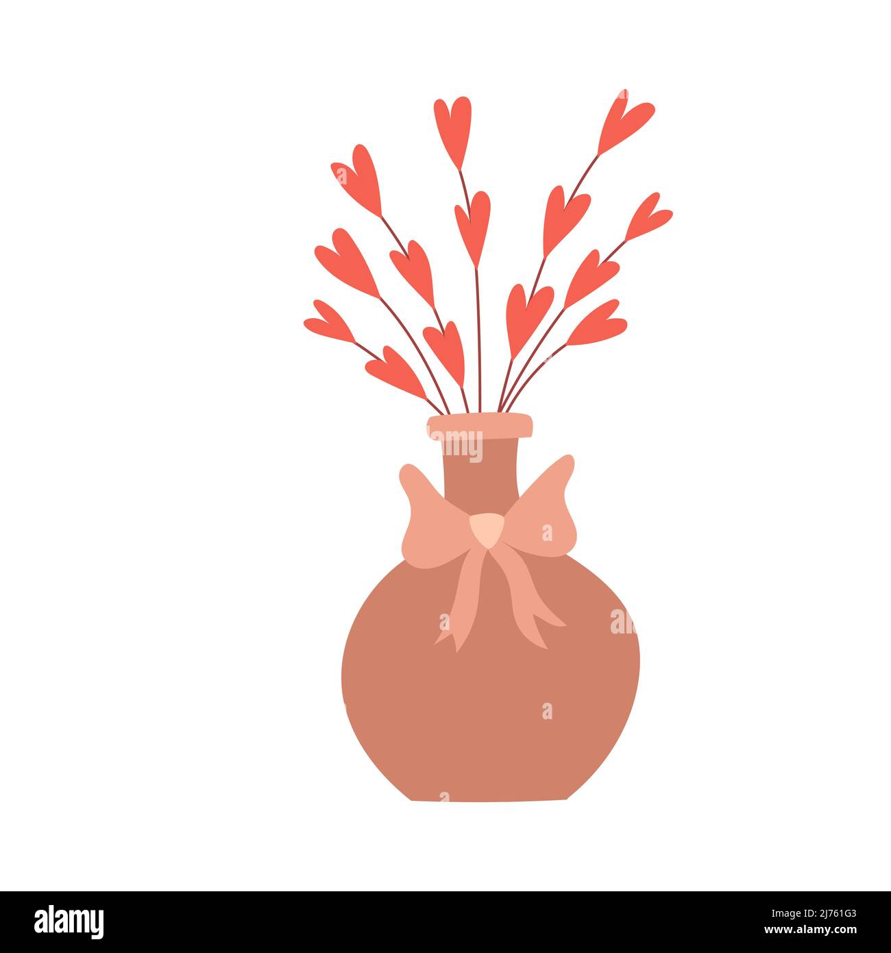 A bouquet with simple twigs with heart-shaped leaves in a vase with a bow. Decorative element for Valentine's Day cards. Simple flat color vector illu Stock Vector