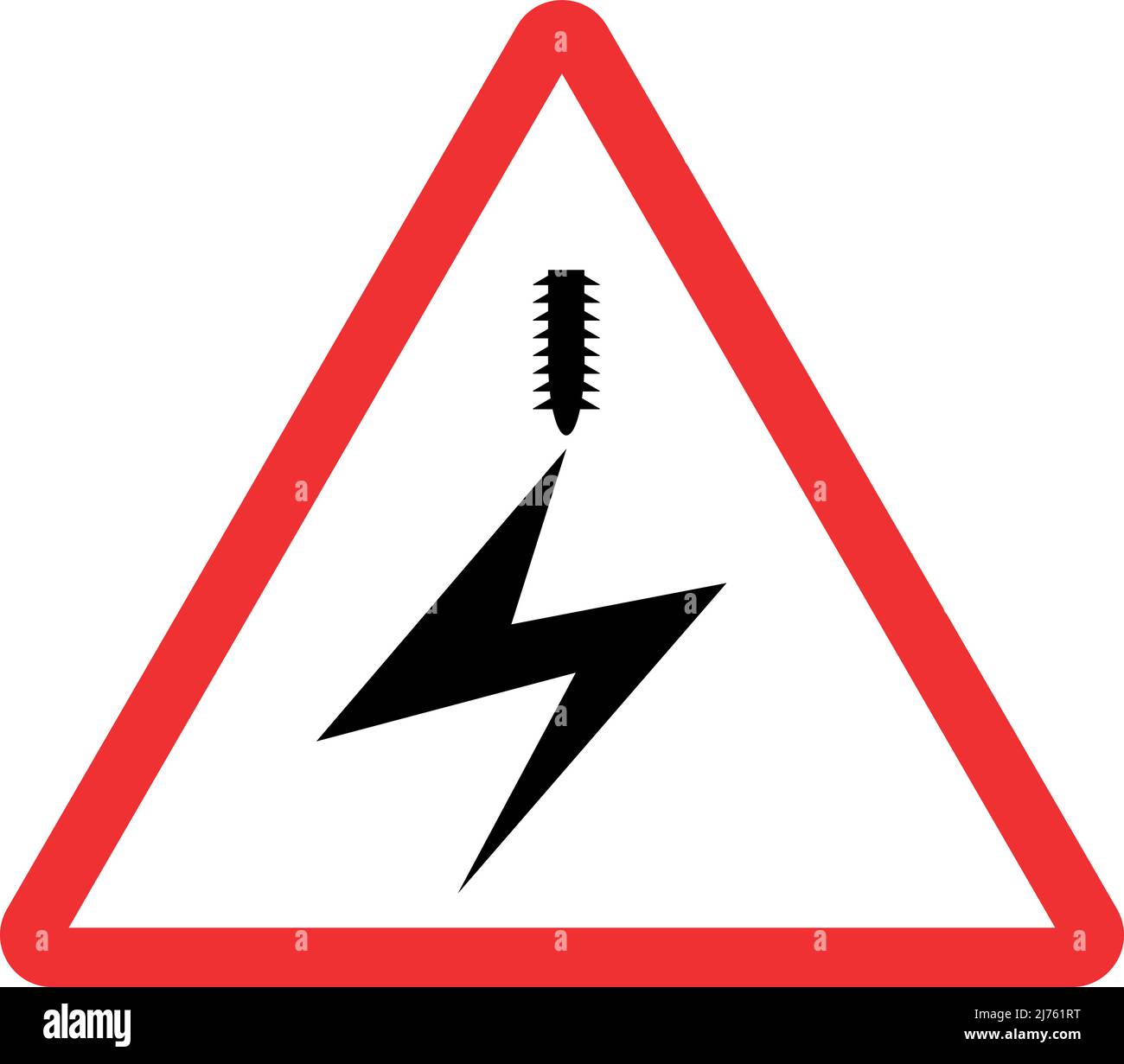 Electrified overhead cable warning sign. Red triangle background. Electrical safety signs and symbols. Stock Vector