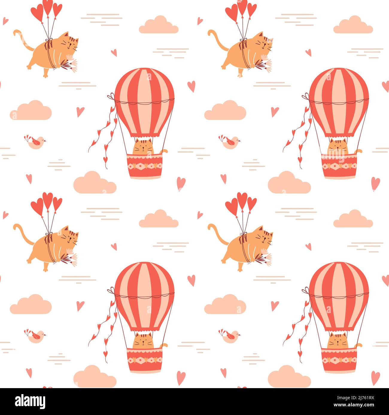 Seamless pattern with cute cats flying on balloons and in a hot air balloon. Perfect for design for Valentine's day, birthday packaging. Vector illust Stock Vector