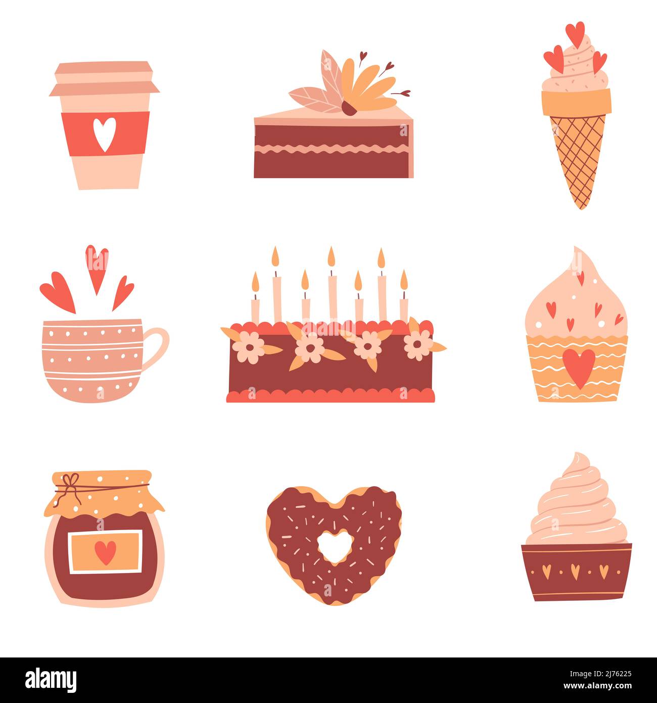 Set with sweet food, pastries, cake, donut, ice cream. Desserts, preserves with a heart. Cute cartoon flat style. Color vector illustrations isolated Stock Vector