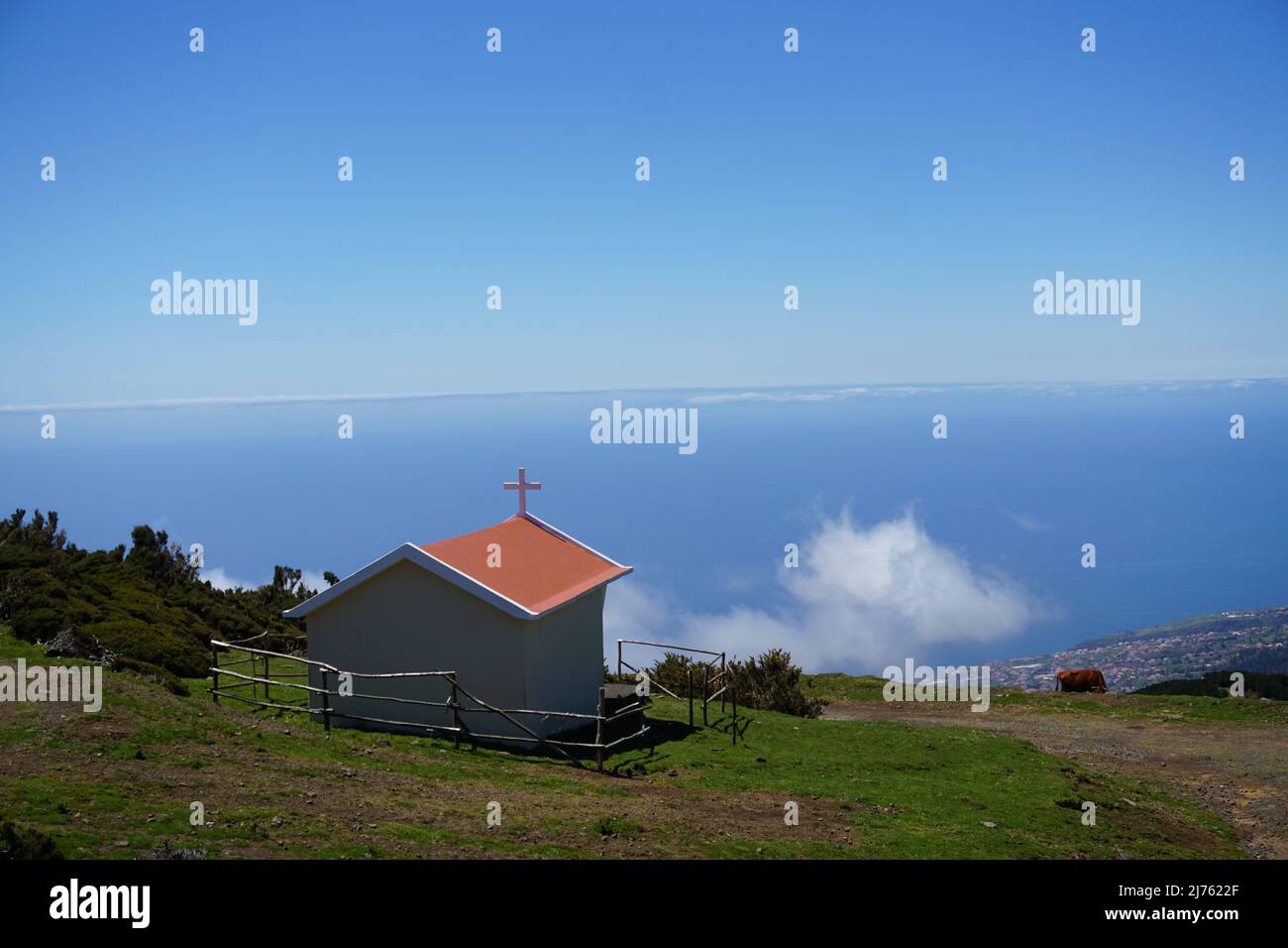 chapel and levada at the plateau of Paul da Serra high above the Atlantic Ocean, Madeira Portugal Europe. Photo by Matheisl Stock Photo