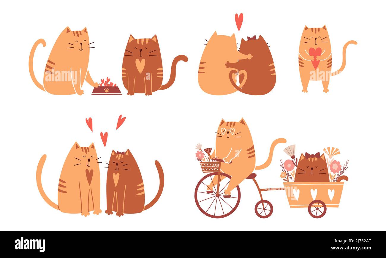 A set of happy cats in love. Riding a bike, hugging, holding a heart, sharing food. Cute characters for Valentine's day cards. Collection of vector ch Stock Vector