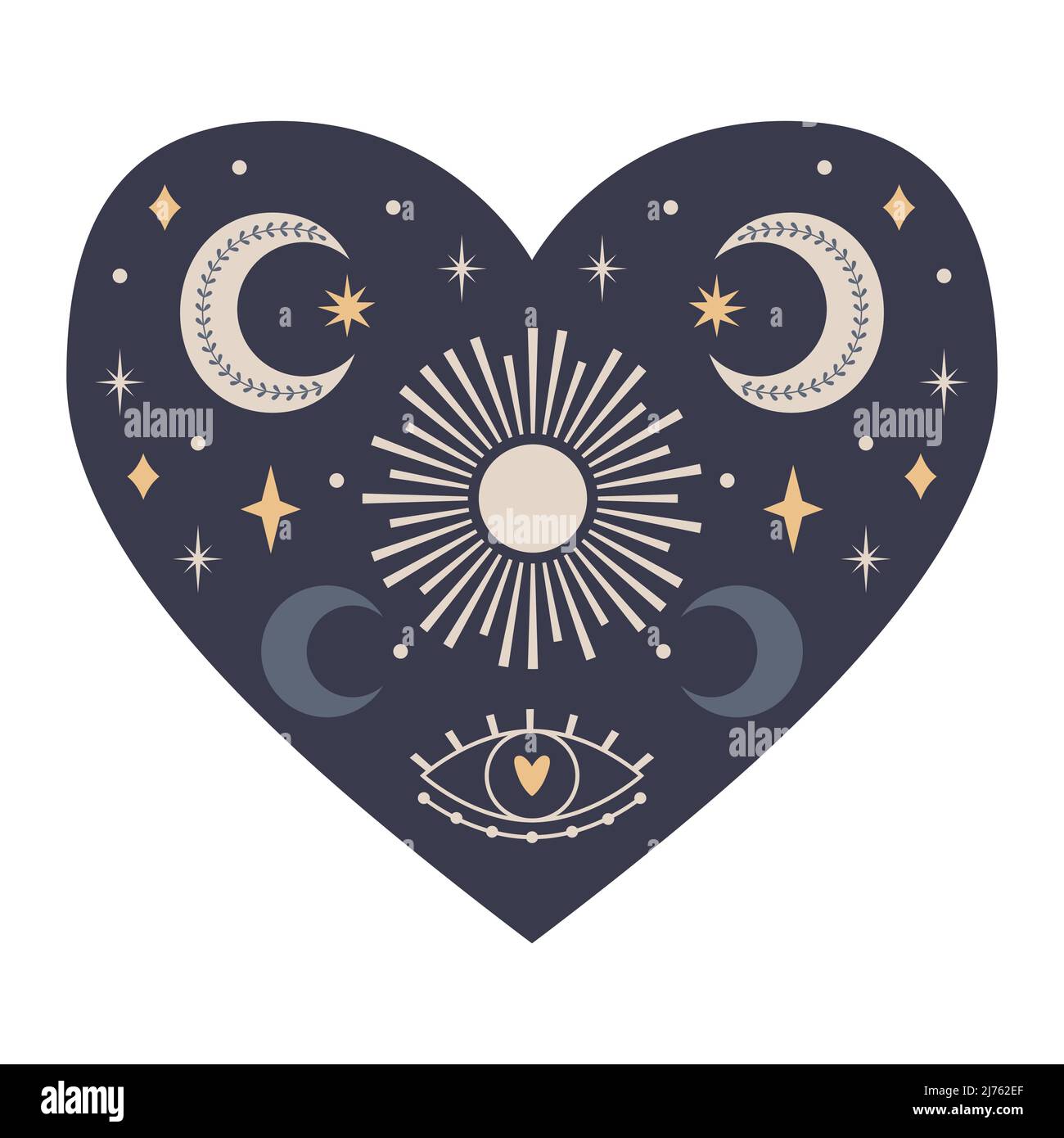 Symmetrical Mystical Heart with celestial and boho elements, moon, sun, stars, eye. Decorative element for Valentine's day cards, packaging design. Co Stock Vector
