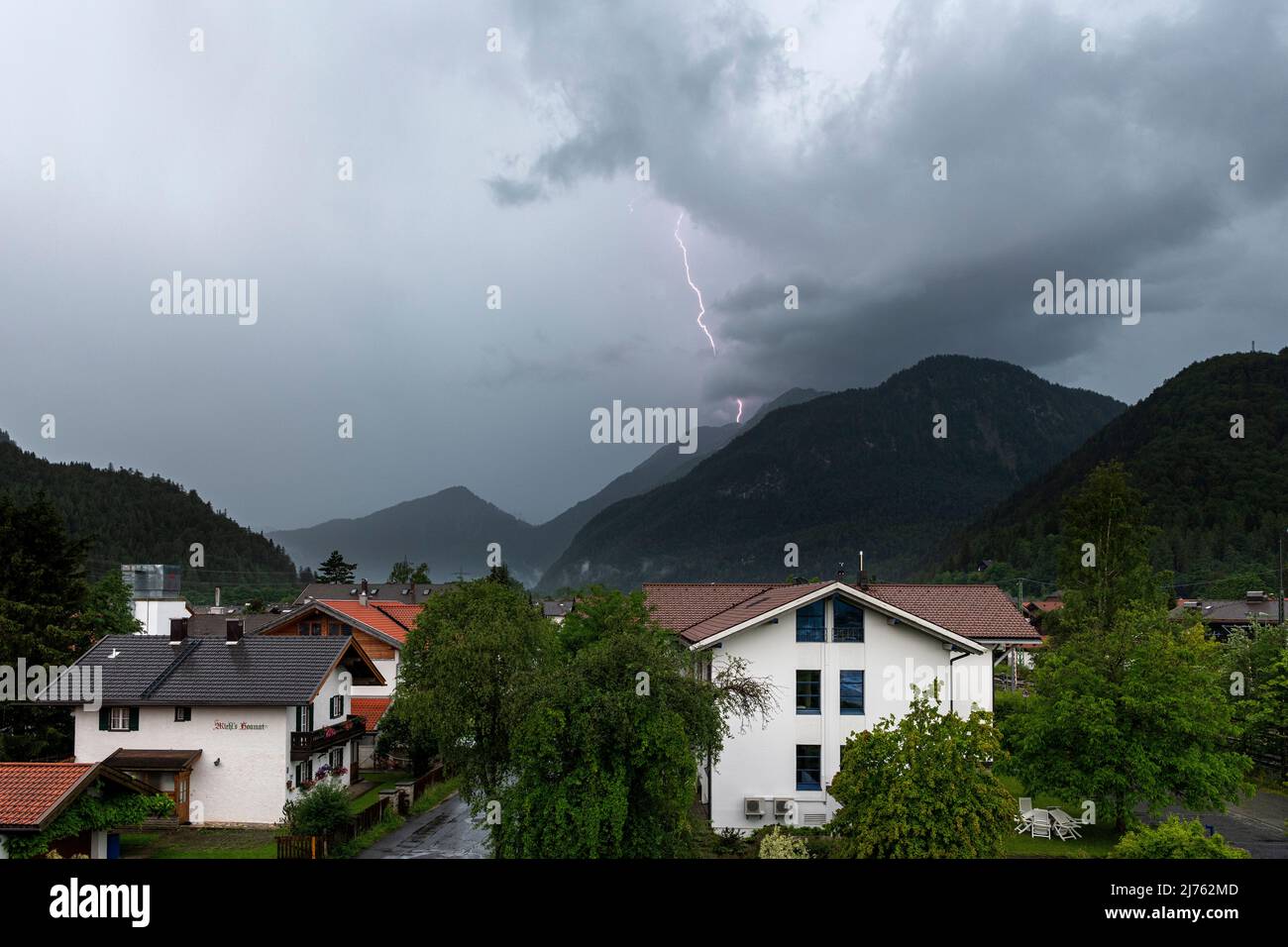 Thunderstorm lightning near Mittenwald into the Arnspitze Stock Photo
