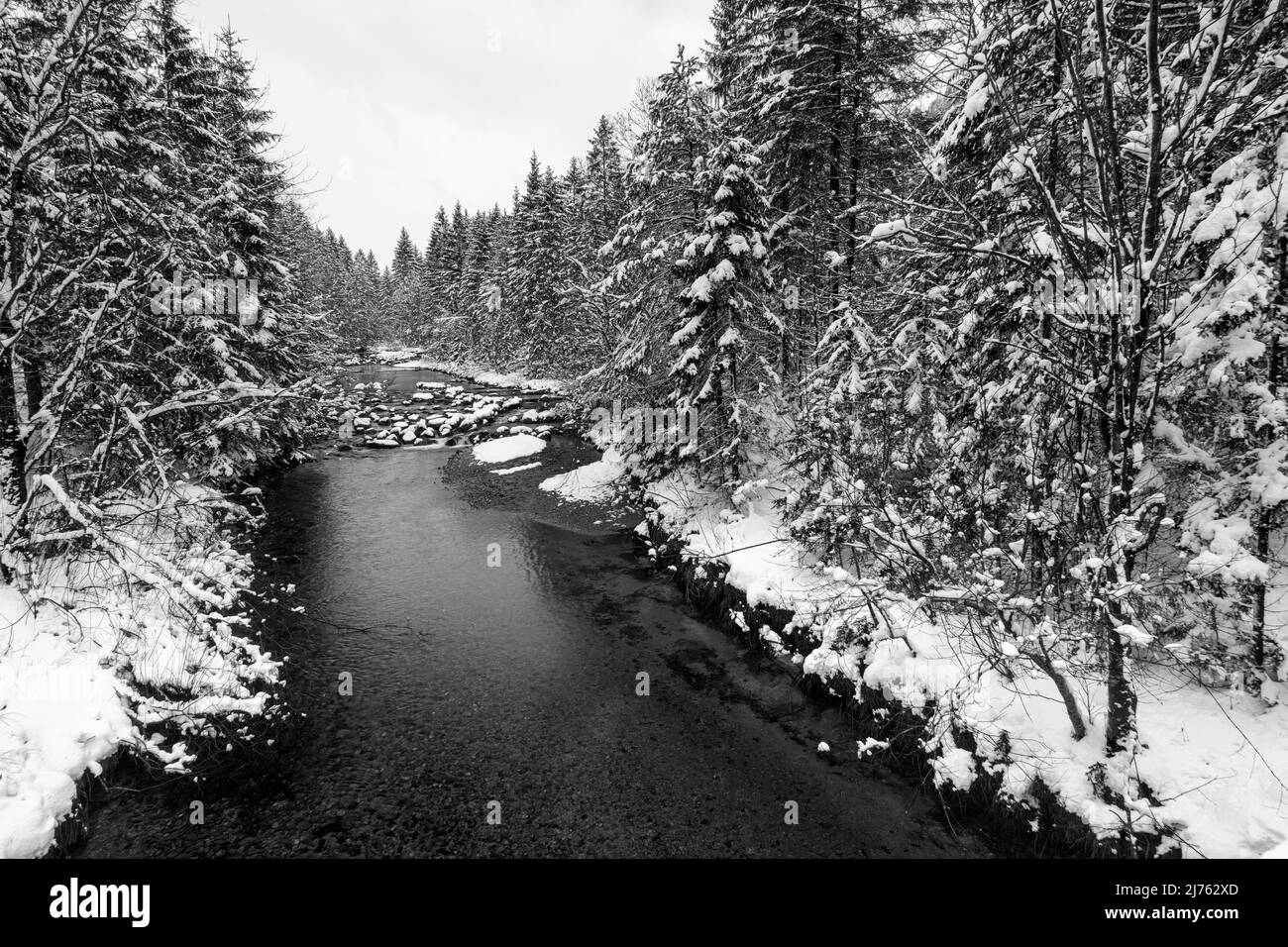 Winter and snow at the Obernach between Wallgau and Walchensee in the Bavarian Alps, the shallow stream flows through the snowy landscape. Stock Photo