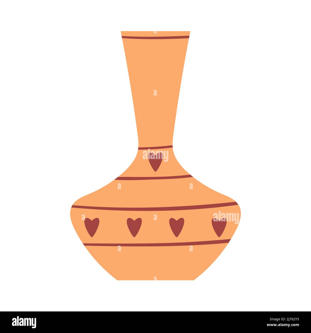 Empty yellow flower vase with hearts in boho style. A simple, cute decorative element. Vector illustration isolated on a white background Stock Vector
