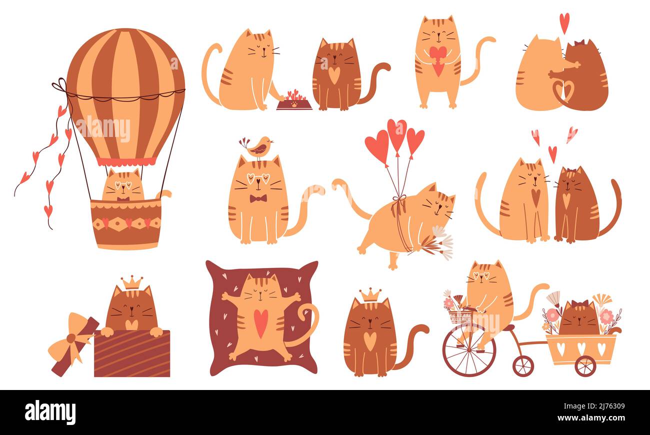 Collection of cute cats in love. Riding a bike, hugging, holding a heart, sharing food, flying in a hot air balloon, sitting in a box. Happy character Stock Vector