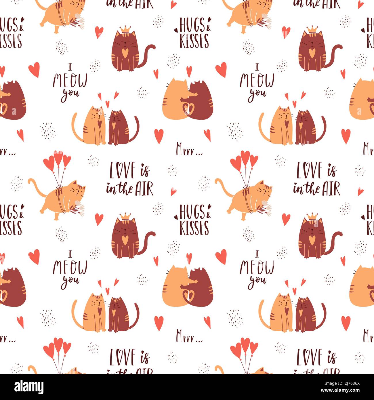Seamless pattern with cute lovers hugging cats and handwritten phrases. I meow you. Perfect for wrapping paper for Valentine's Day. Vector isolated il Stock Vector