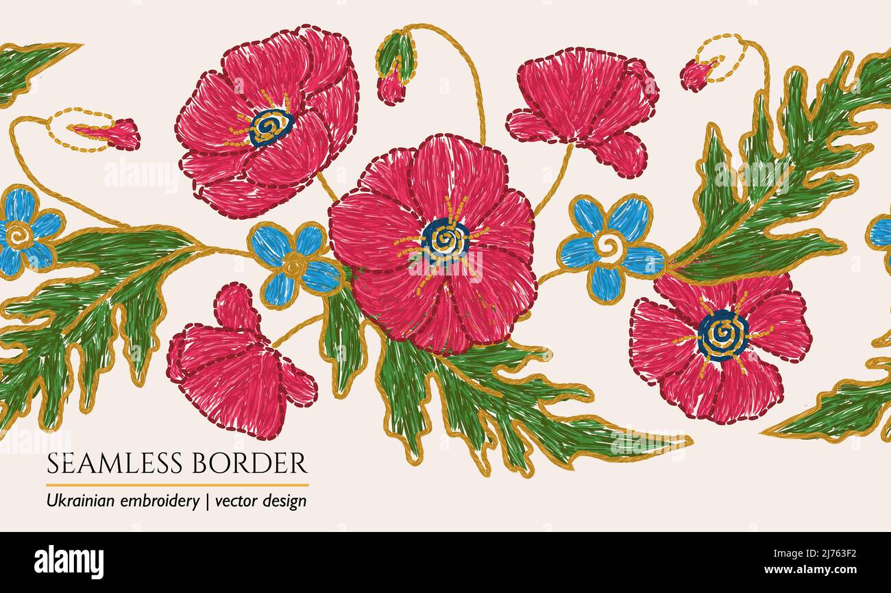 Ukrainian embroidery seamless poppy floral border. Blue flower embroidered arrangement Stock Vector