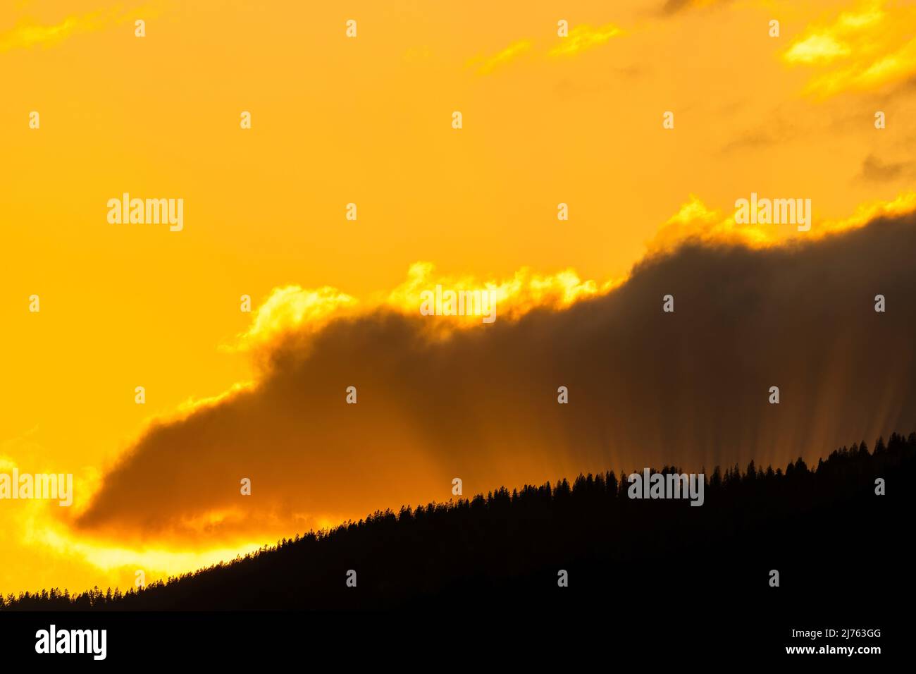 Sun rays in the evening red, break through between cloud and forested mountain. Stock Photo