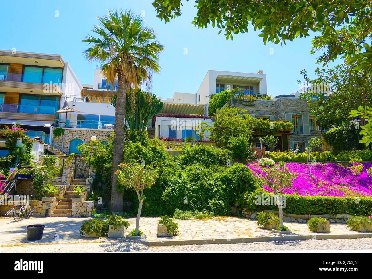 Smart houses at the popular tourist destination and coastal town of Bodrum, Mugla, Turkey, Stock Photo