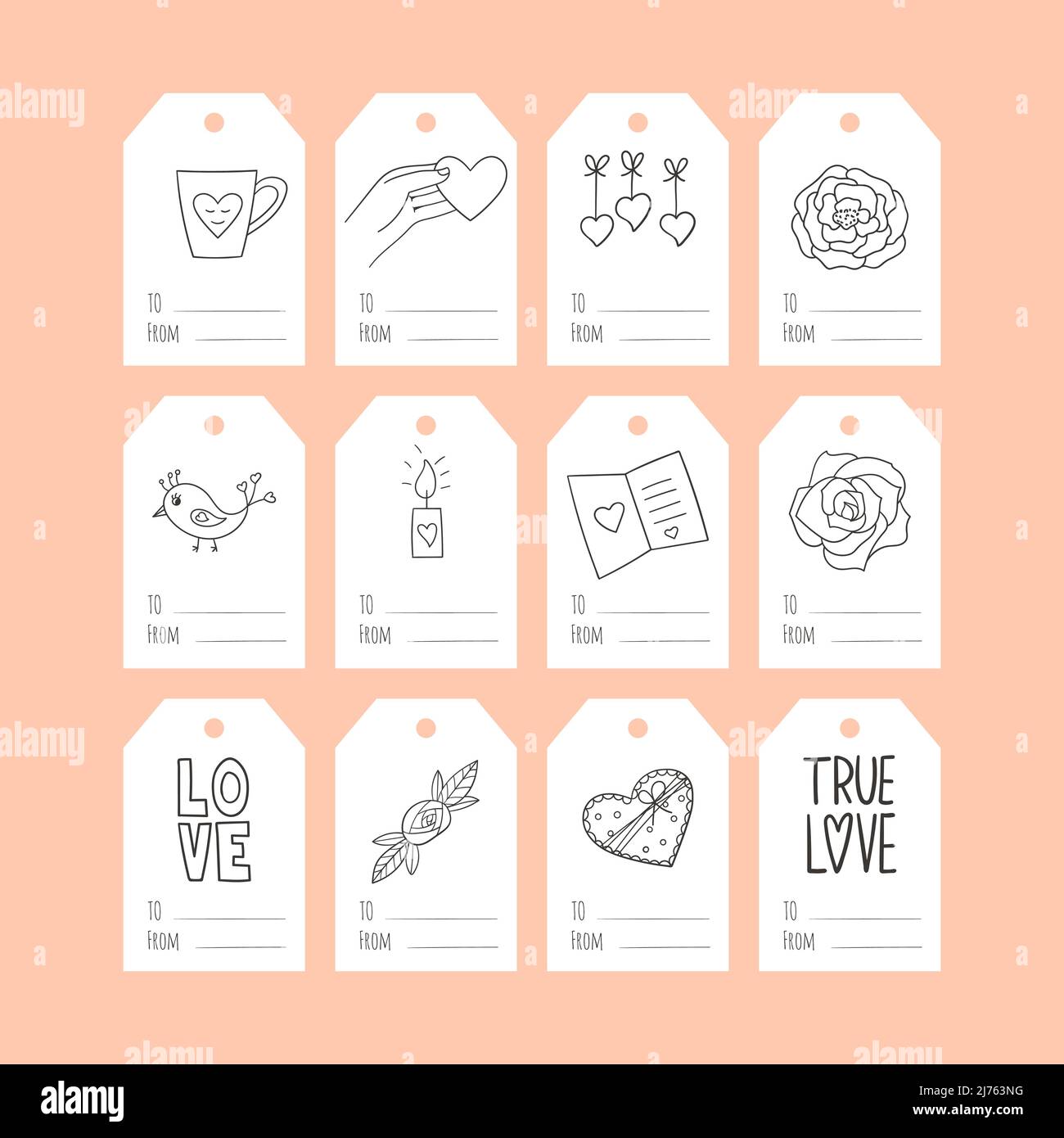 Set of gift tags with black and white hand-drawn doodles for Valentine ...