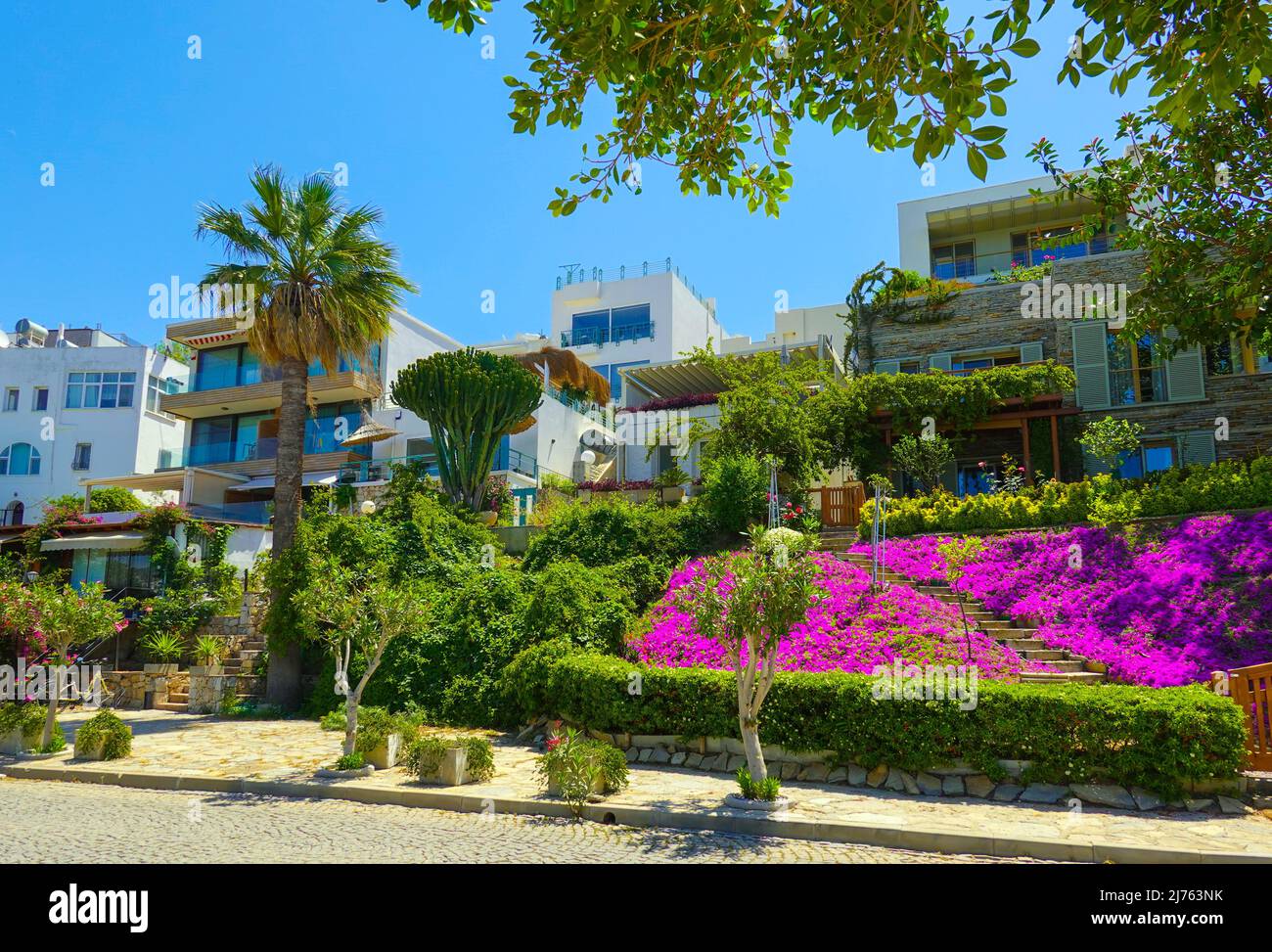 Smart houses at the popular tourist destination and coastal town of Bodrum, Mugla, Turkey, Stock Photo