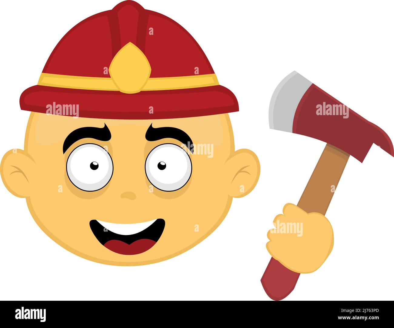 Vector illustration of the face of a yellow cartoon character with a firefighter helmet on his head and an ax in his hand Stock Vector