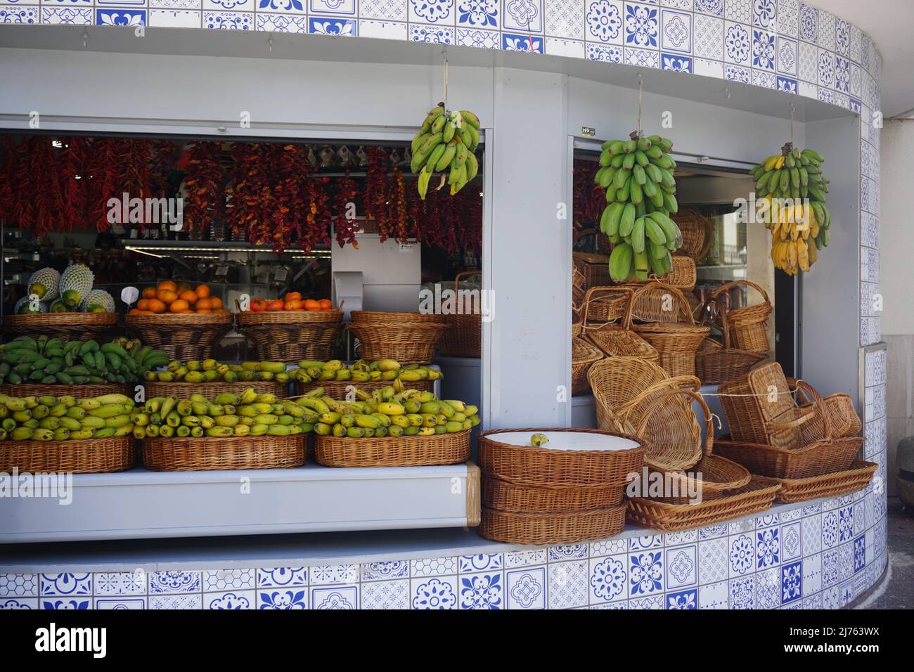 External view of a local fruit and wicker baskets shop in Funchal, madeira, Portugal, Europe Stock Photo