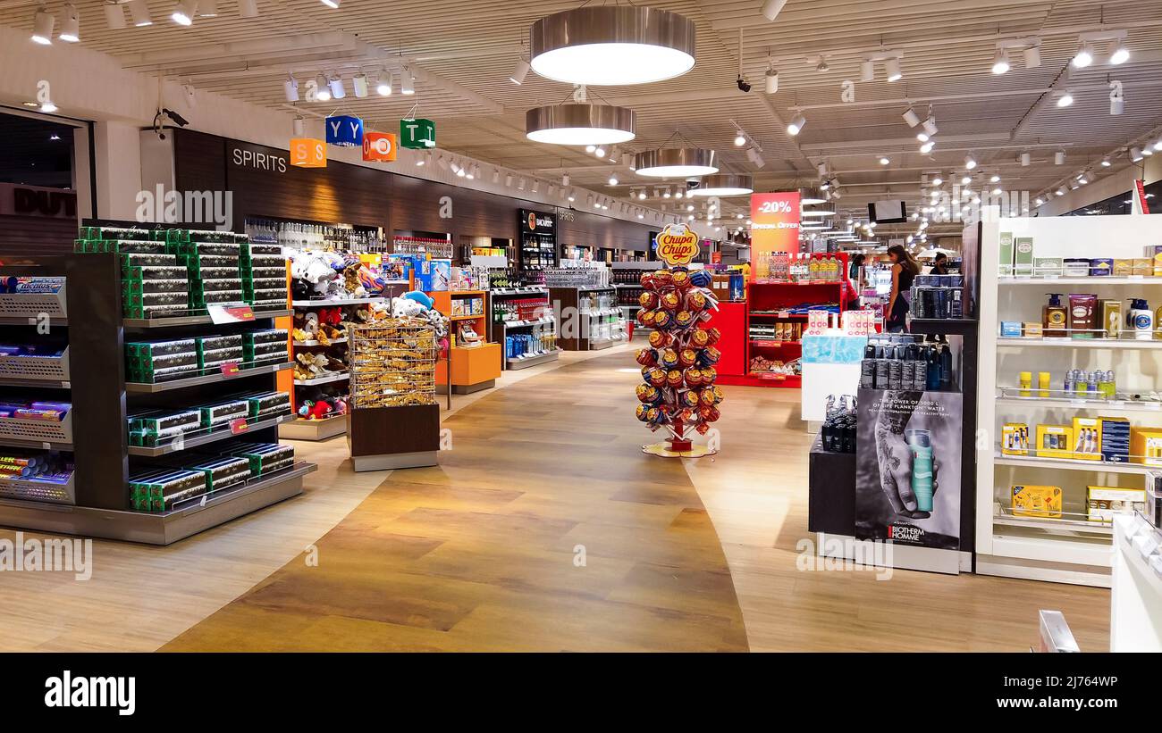 Duty Free Shop in Bodrum airport. Duty-free shops are retail outlets that  are exempt from the payment of certain local or national taxes and duties.  B Stock Photo