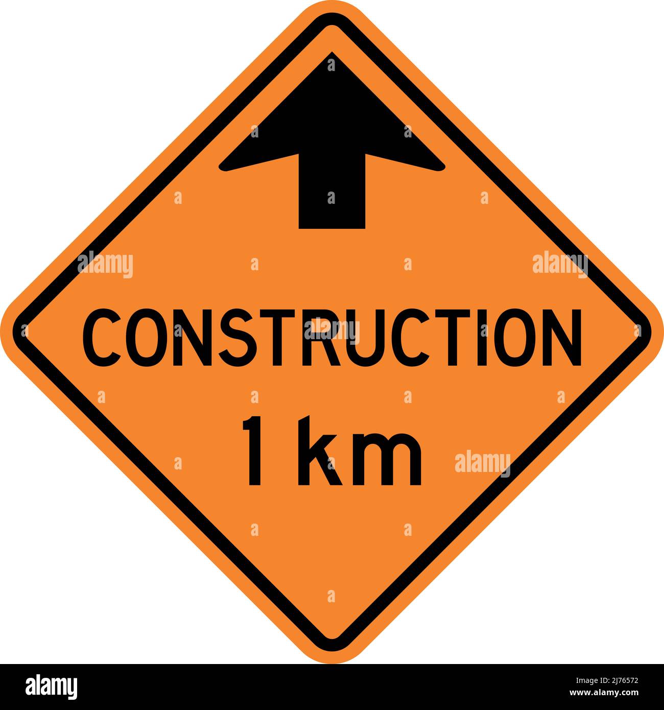 Construction 1 km ahead sign. Orange diamond background. Road works signs and symbols. Stock Vector