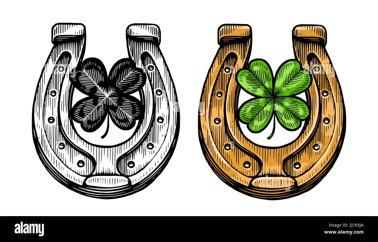 Vintage horseshoe and clover. Symbol of success and good luck. Vector