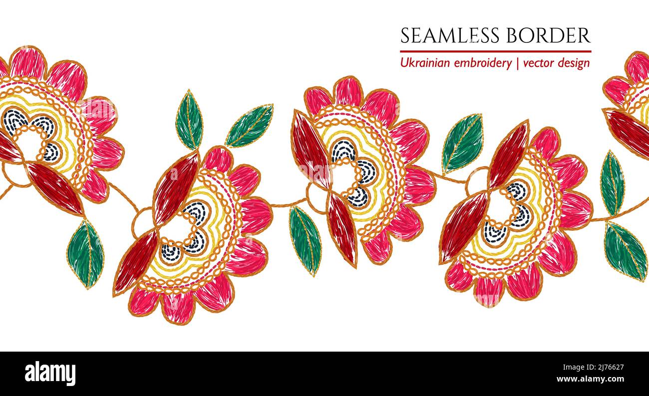 Ukrainian embroidery seamless floral border. Blue flower embroidered arrangement Stock Vector