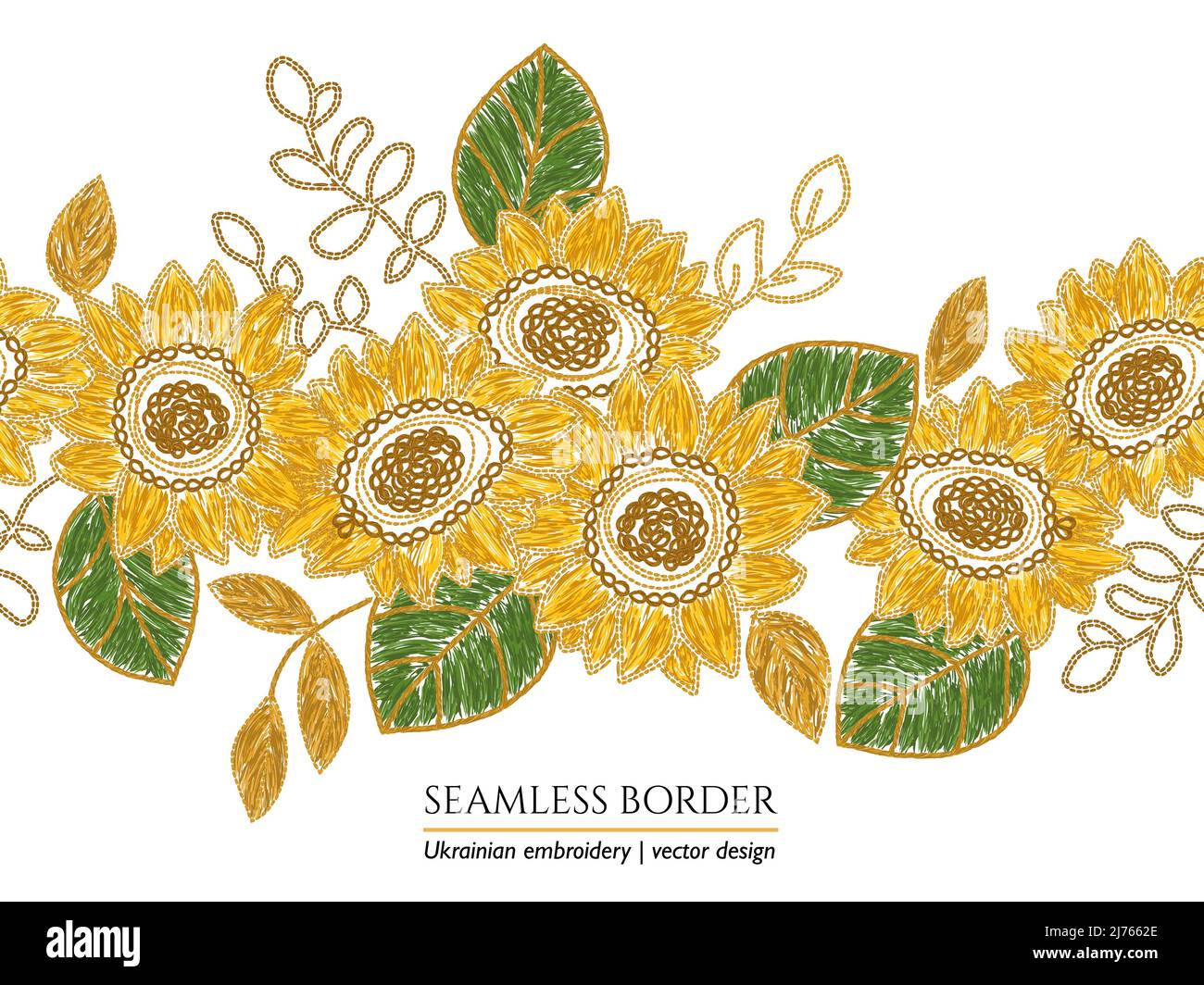 Ukrainian embroidery sunflower seamless floral border. Blue flower embroidered arrangement Stock Vector
