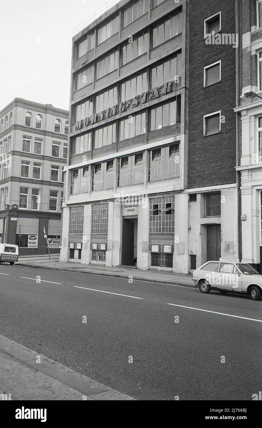 Headquarters of the Morning Star newspaper at 75 Farringdon Road, London, England on September 1, 1987. Founded in 1930 as the Daily Worker by the Communist Party of Great Britain, the newspaper relaunched as the Morning Star in 1966. Stock Photo