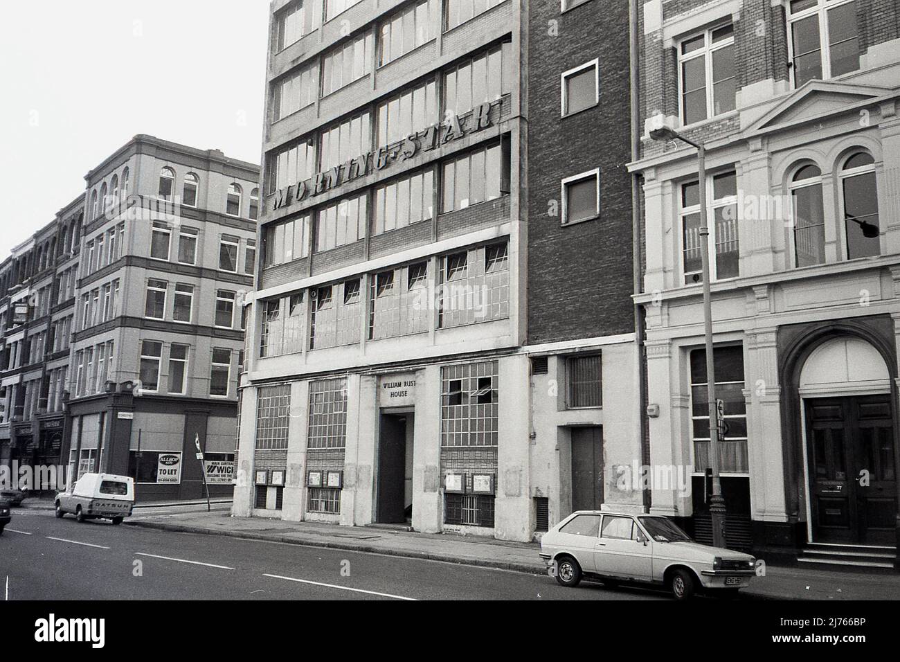 Headquarters of the Morning Star newspaper at 75 Farringdon Road, London, England on September 1, 1987. Founded in 1930 as the Daily Worker by the Communist Party of Great Britain, the newspaper relaunched as the Morning Star in 1966. Stock Photo