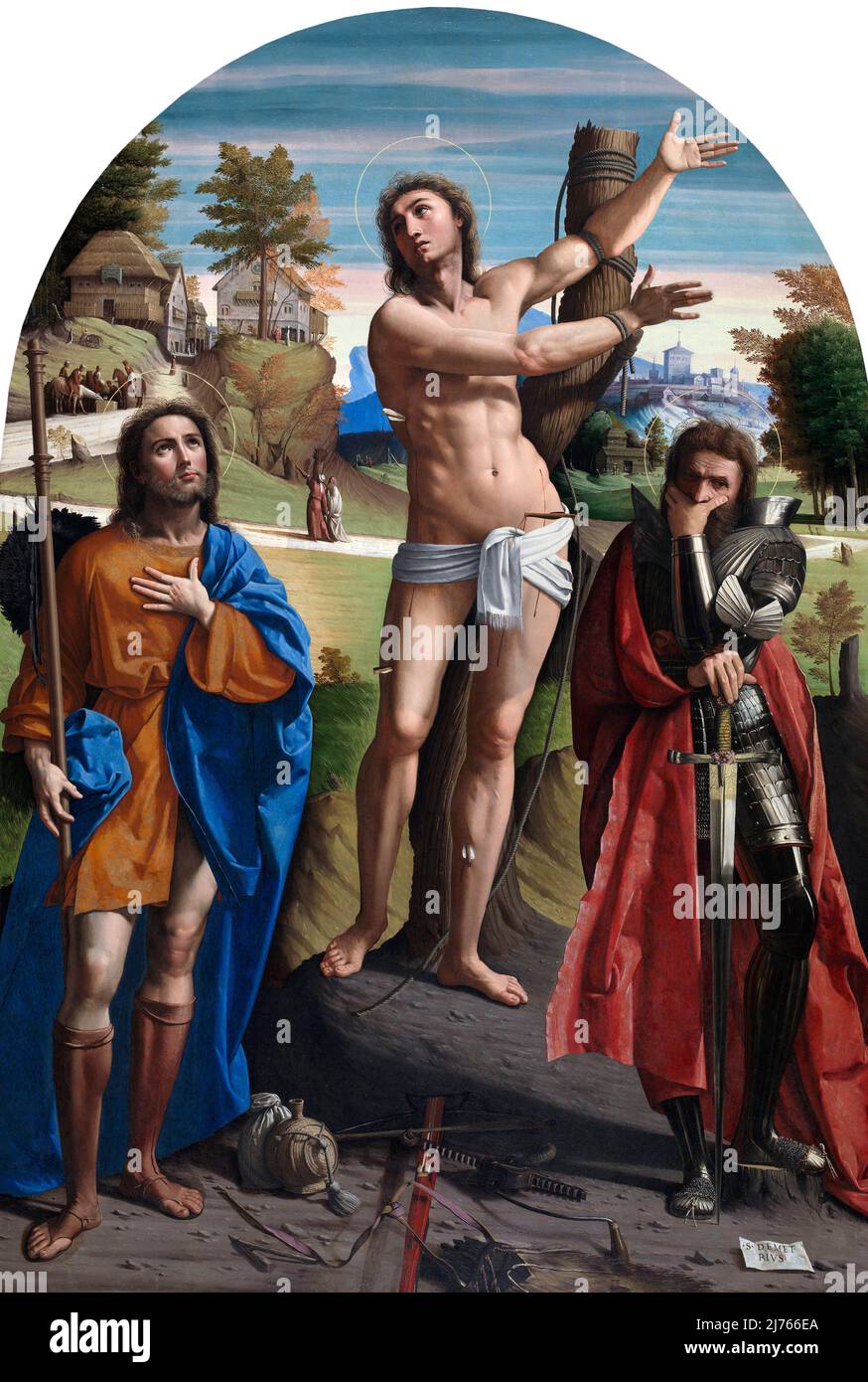 Saint Sebastian with Saint Roch and Saint Demetrius by Ortolano (Giovanni Battista Benvenuti: c.1487-c.1527), oil on canvas transferred from wood, c.1521-24 Stock Photo