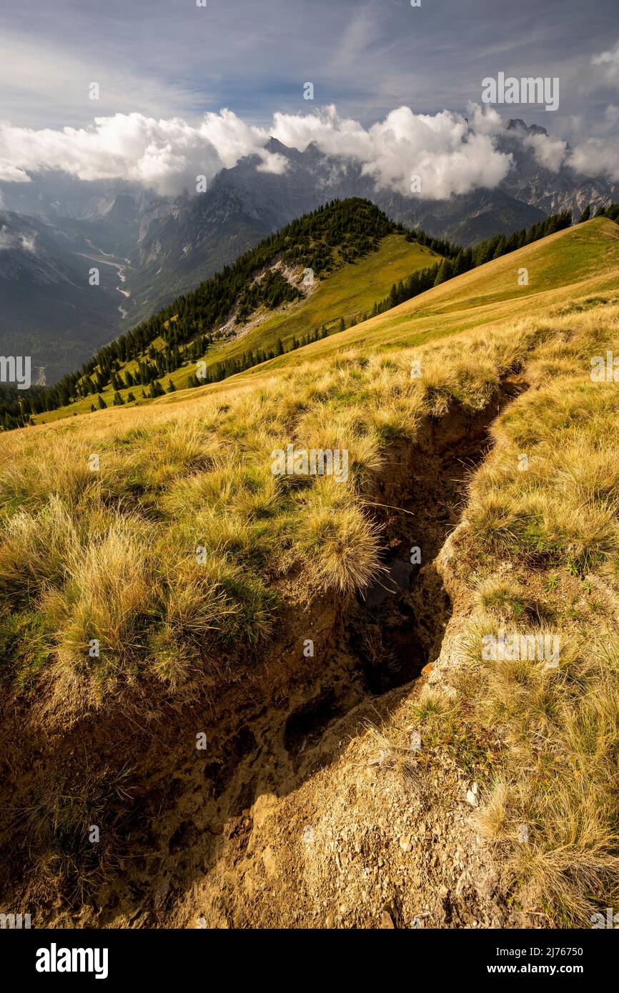 Soil erosion at a hiking trail on the Schönalm in the karwendel, single tufts of grass are still standing, the rest has already been washed away in a kind of gully Stock Photo