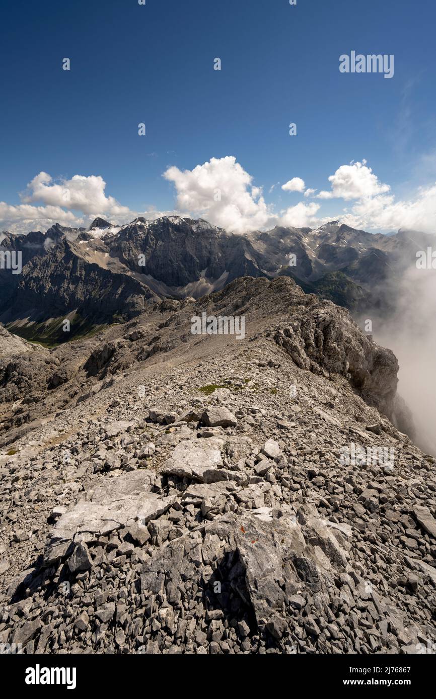 Rocks at the summit of the Eastern Karwendel Peak in Karwendel. Stock Photo
