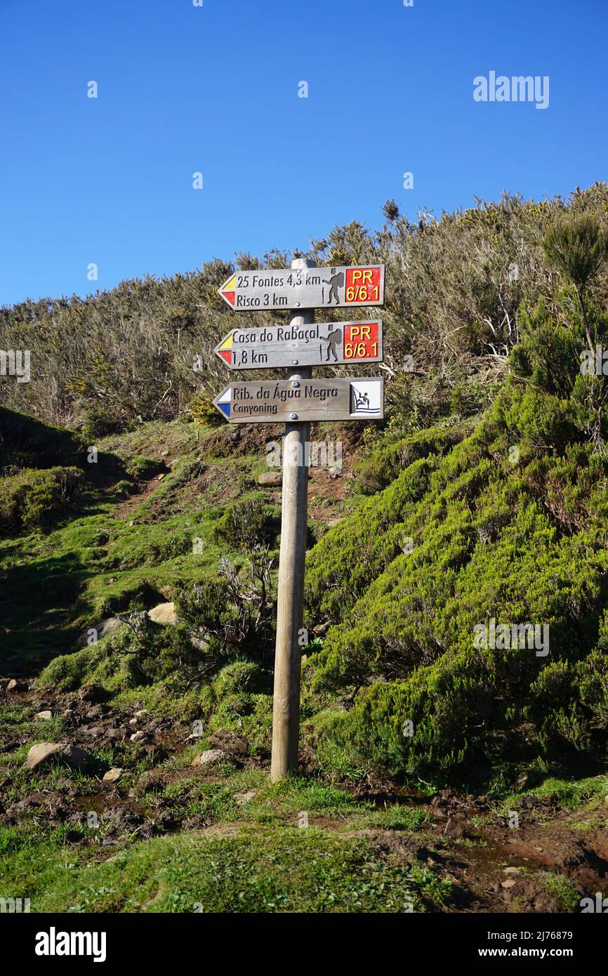 Hiking signposts on the island of Madeira, Portugal, Europe Stock Photo