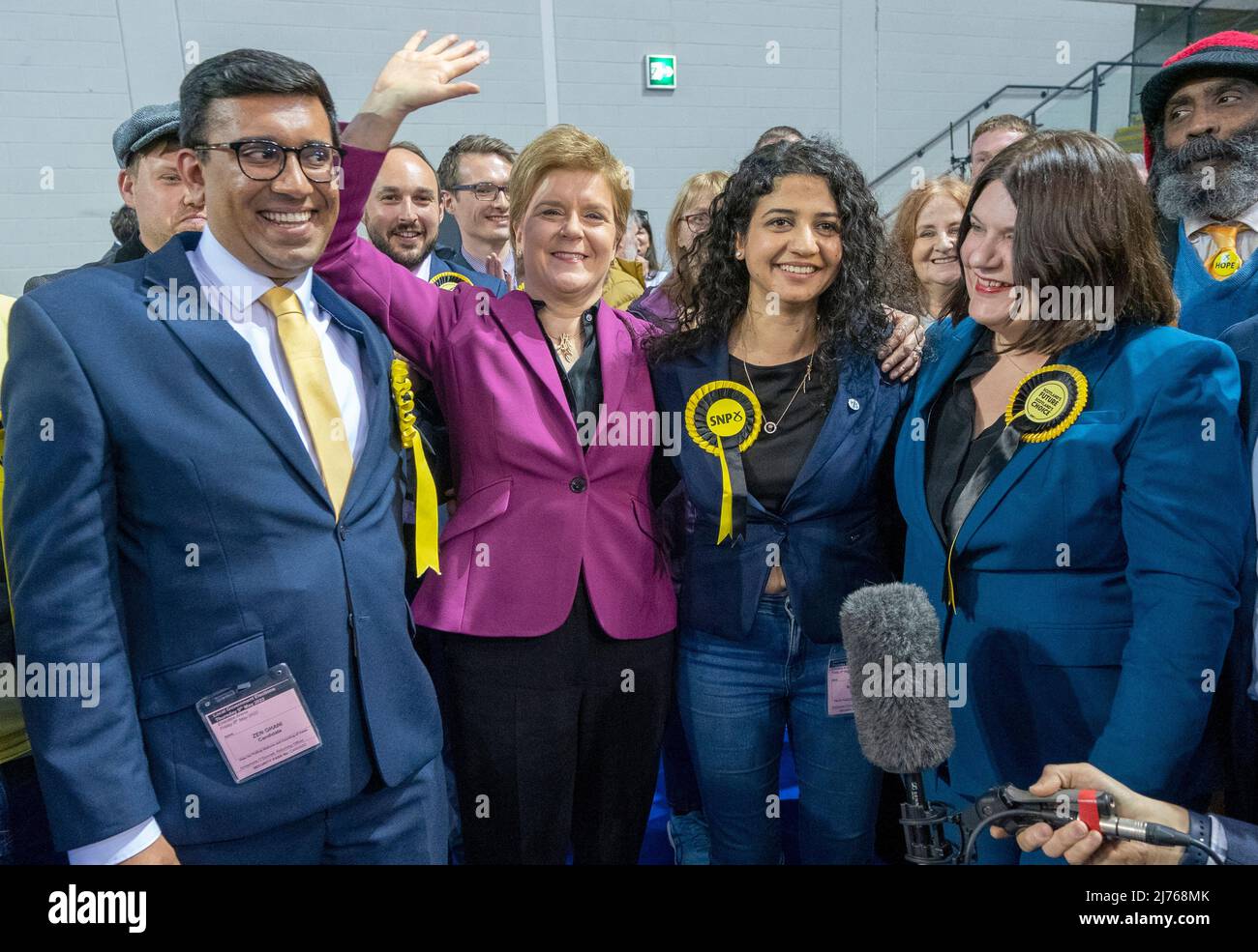 First Minister Nicola Sturgeon with SNP's Zen Ghani, Roza Salih (second right) and Susan Aitken (right) at the Glasgow City Council count at the Emirates Arena in Glasgow, in the local government elections. Picture date: Friday May 6, 2022. Stock Photo