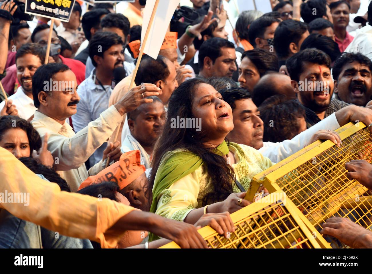 Bhartiya Janta Party Workers protest at AAP Party Head Office in New Delhi, India on May 6, 2022 Against Delhi Chief minister Arvind Kejriwal and against BJP spokesperson Tejinder Pal Singh Bagga who was arrested by Punjab police from his house in Delhi. (Photo by Photo by Ravi Batra/Sipa USA) Stock Photo